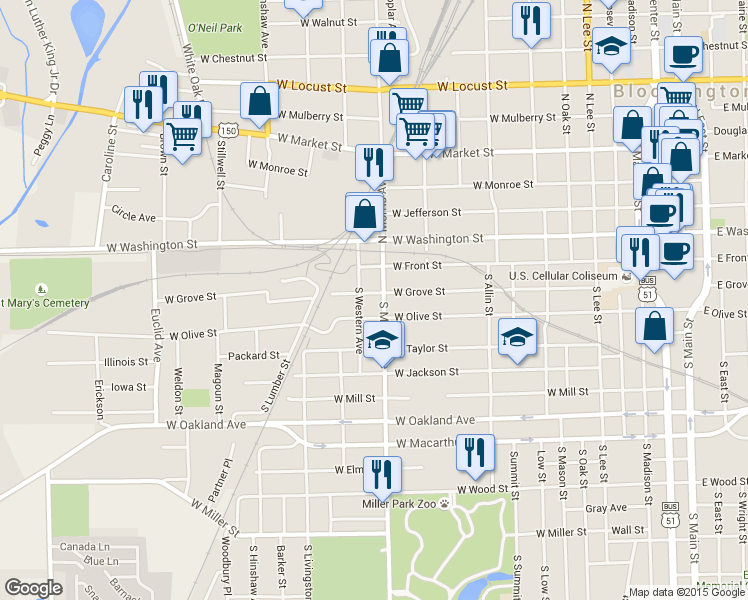 map of restaurants, bars, coffee shops, grocery stores, and more near 1006 West Grove Street in Bloomington