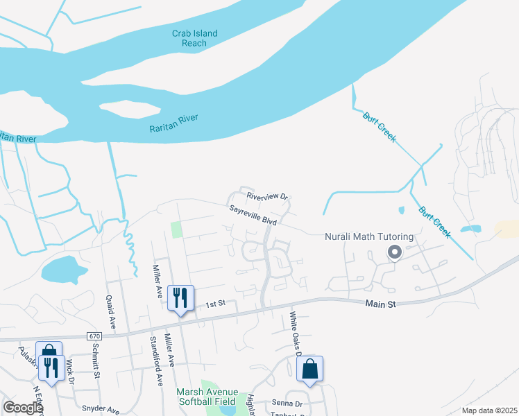 map of restaurants, bars, coffee shops, grocery stores, and more near 3 Concord Square in Sayreville