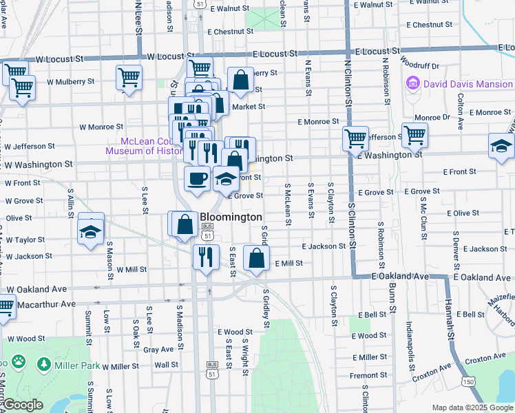 map of restaurants, bars, coffee shops, grocery stores, and more near 307 East Grove Street in Bloomington