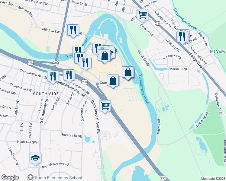 map of restaurants, bars, coffee shops, grocery stores, and more near 507 Mill Avenue Southeast in New Philadelphia