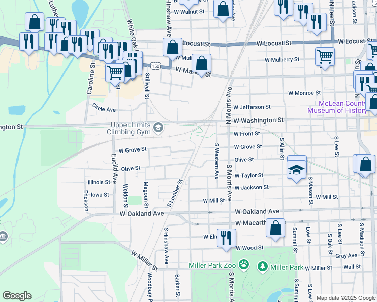 map of restaurants, bars, coffee shops, grocery stores, and more near 1204 West Grove Street in Bloomington