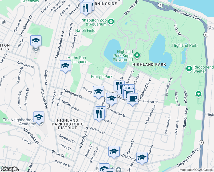 map of restaurants, bars, coffee shops, grocery stores, and more near 1212 North Negley Avenue in Pittsburgh
