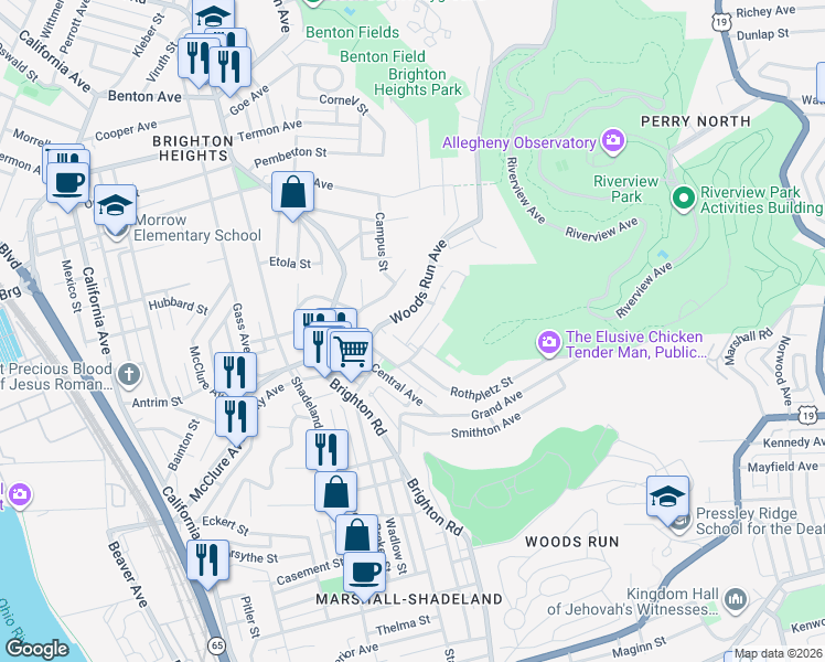 map of restaurants, bars, coffee shops, grocery stores, and more near 1102 Langtry Street in Pittsburgh