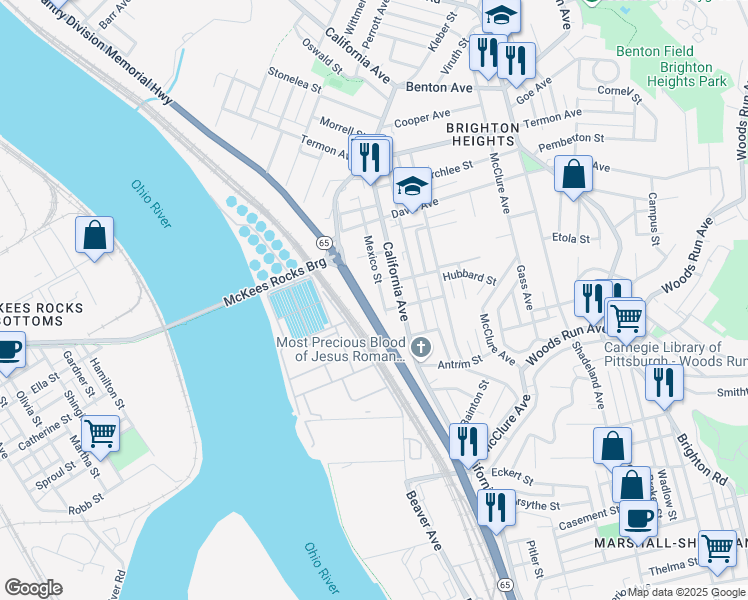 map of restaurants, bars, coffee shops, grocery stores, and more near 3505 Mexico Street in Pittsburgh