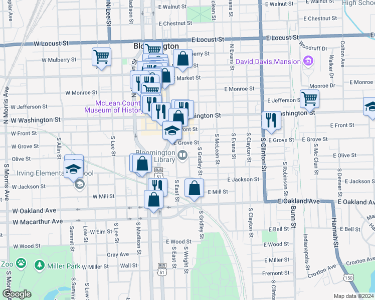map of restaurants, bars, coffee shops, grocery stores, and more near 307 East Grove Street in Bloomington
