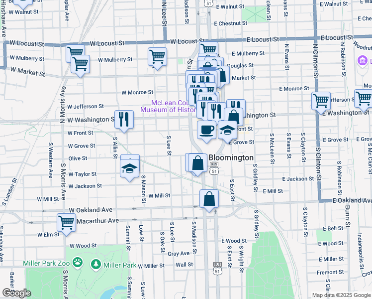 map of restaurants, bars, coffee shops, grocery stores, and more near 201 South Roosevelt Avenue in Bloomington