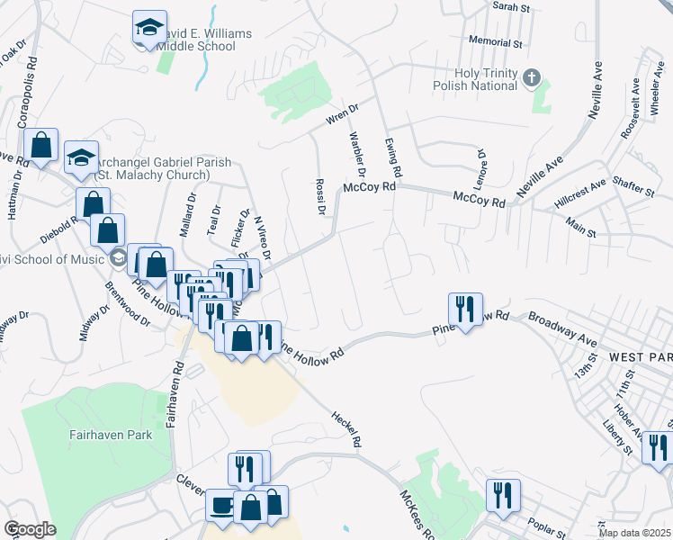 map of restaurants, bars, coffee shops, grocery stores, and more near 12 Highland Drive in McKees Rocks