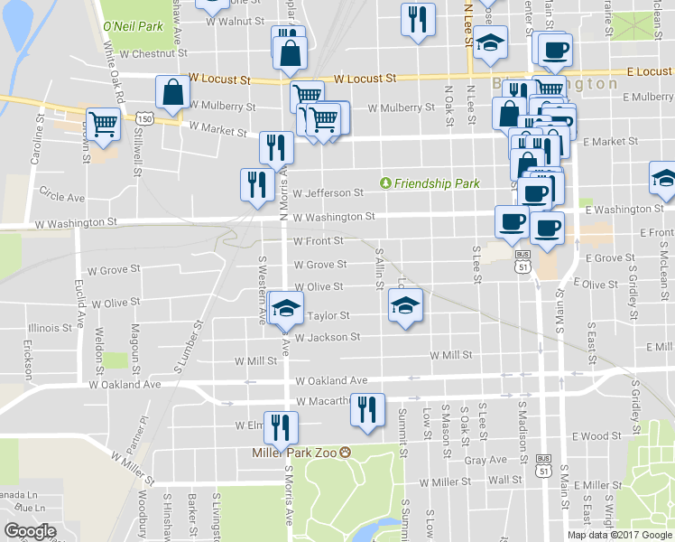 map of restaurants, bars, coffee shops, grocery stores, and more near 904 West Grove Street in Bloomington