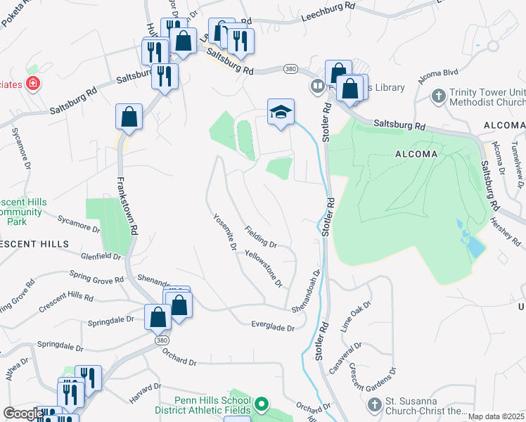 map of restaurants, bars, coffee shops, grocery stores, and more near 59 Rushmore Drive in Pittsburgh