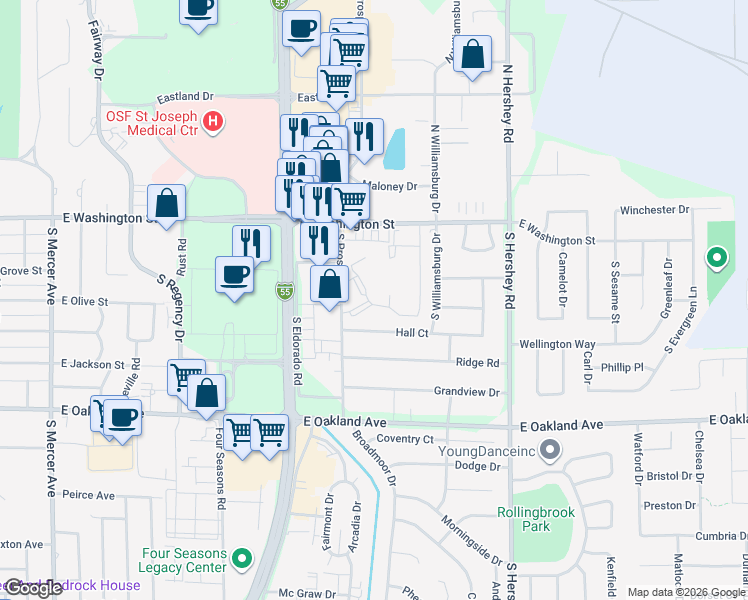 map of restaurants, bars, coffee shops, grocery stores, and more near 214 Catalpa Drive in Bloomington