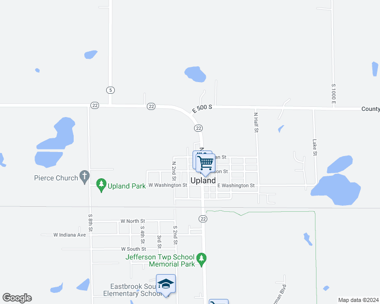 map of restaurants, bars, coffee shops, grocery stores, and more near 330 North 1st Street in Upland