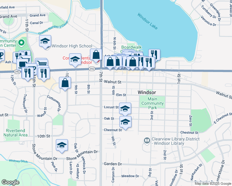 map of restaurants, bars, coffee shops, grocery stores, and more near 530 Elm Street in Windsor