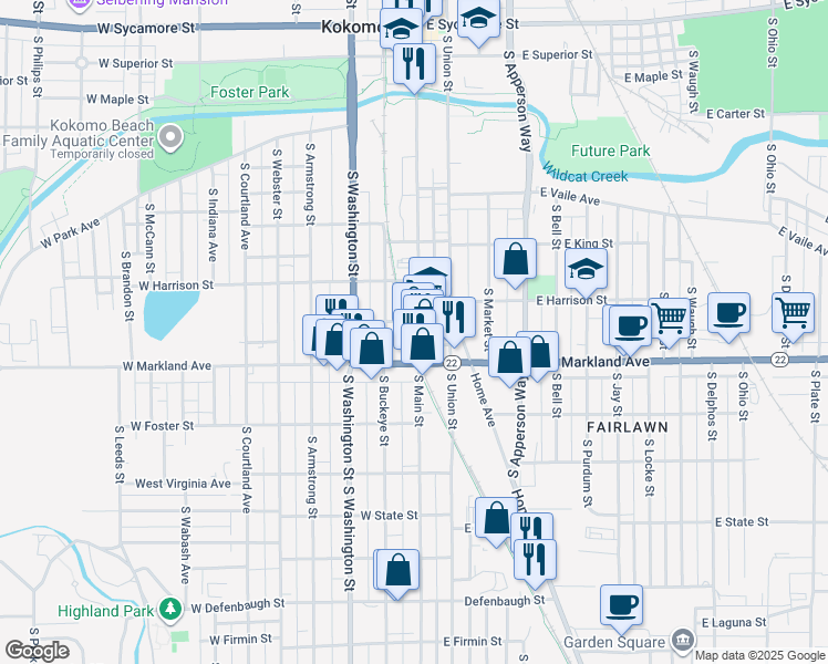 map of restaurants, bars, coffee shops, grocery stores, and more near 907 South Main Street in Kokomo