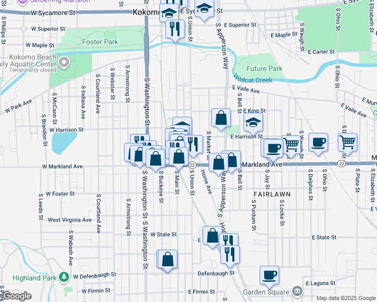 map of restaurants, bars, coffee shops, grocery stores, and more near 907 South Union Street in Kokomo