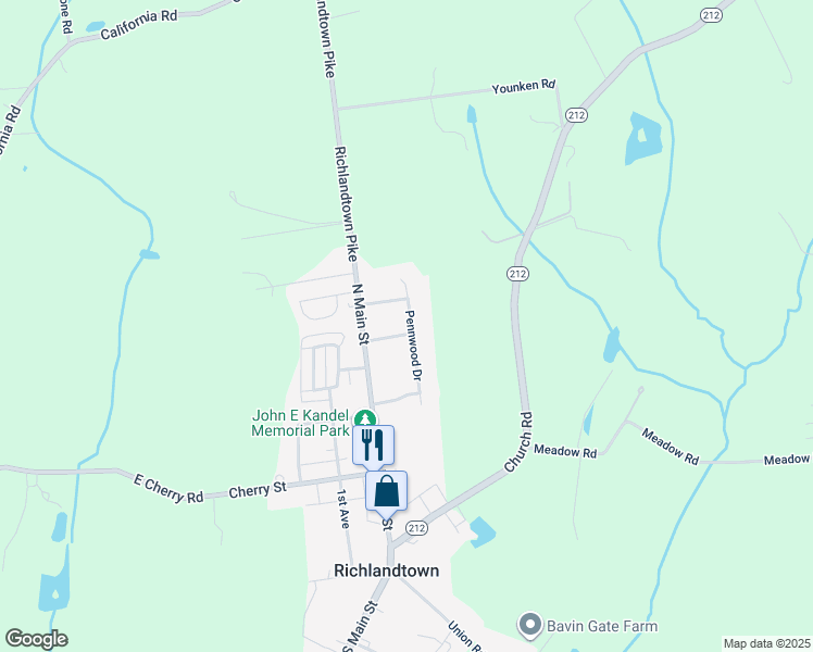map of restaurants, bars, coffee shops, grocery stores, and more near 304 Pennwood Drive in Richlandtown