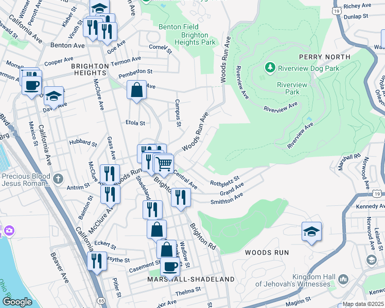map of restaurants, bars, coffee shops, grocery stores, and more near 1102 Langtry Street in Pittsburgh