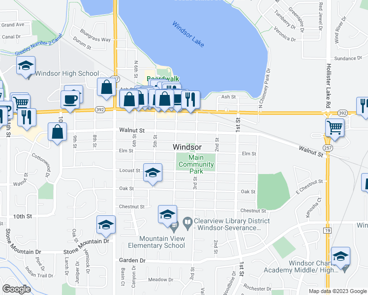 map of restaurants, bars, coffee shops, grocery stores, and more near 318 Elm Street in Windsor