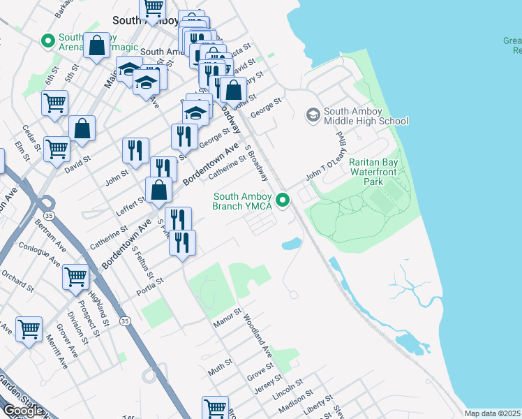 map of restaurants, bars, coffee shops, grocery stores, and more near 6 John T O'Leary Boulevard in South Amboy