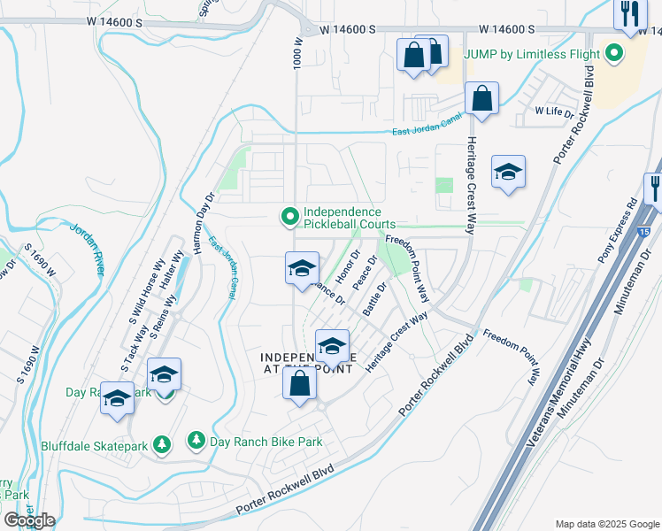 map of restaurants, bars, coffee shops, grocery stores, and more near 911 Freedom Point Way in Bluffdale