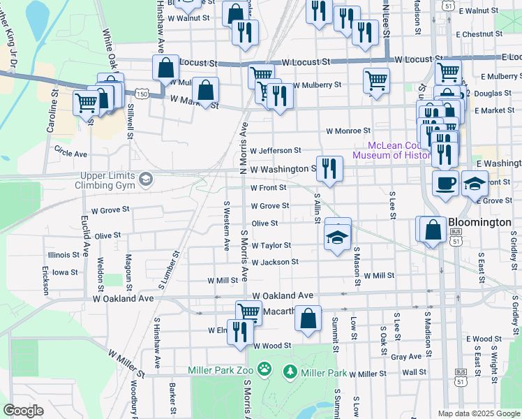 map of restaurants, bars, coffee shops, grocery stores, and more near 920 West Grove Street in Bloomington