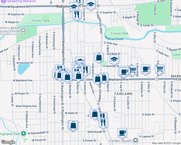 map of restaurants, bars, coffee shops, grocery stores, and more near 903 South Market Street in Kokomo