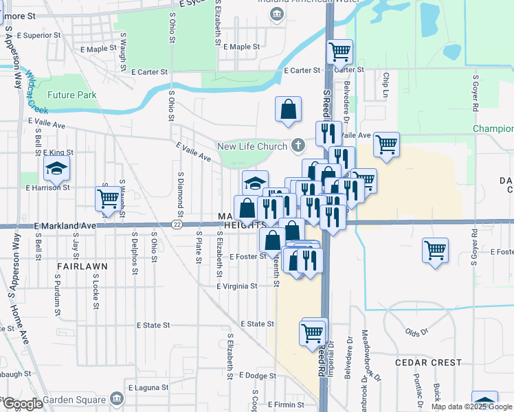 map of restaurants, bars, coffee shops, grocery stores, and more near 910 South Cooper Street in Kokomo