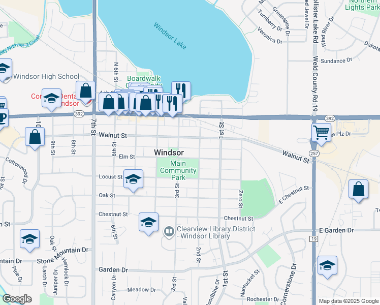 map of restaurants, bars, coffee shops, grocery stores, and more near 214 Elm Street in Windsor