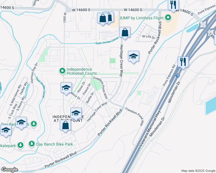 map of restaurants, bars, coffee shops, grocery stores, and more near 15085 Plymouth Rock Lane in Bluffdale