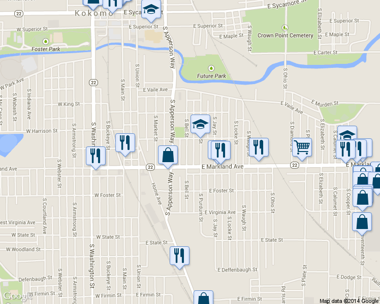 map of restaurants, bars, coffee shops, grocery stores, and more near 902 South Bell Street in Kokomo