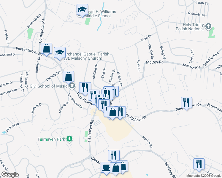 map of restaurants, bars, coffee shops, grocery stores, and more near 113 Starling Drive in McKees Rocks