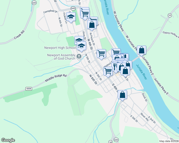 map of restaurants, bars, coffee shops, grocery stores, and more near 126 North 6th Street in Newport