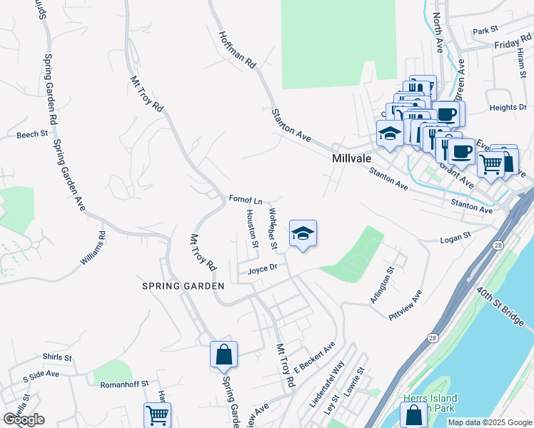 map of restaurants, bars, coffee shops, grocery stores, and more near 39 Fornof Lane in Pittsburgh