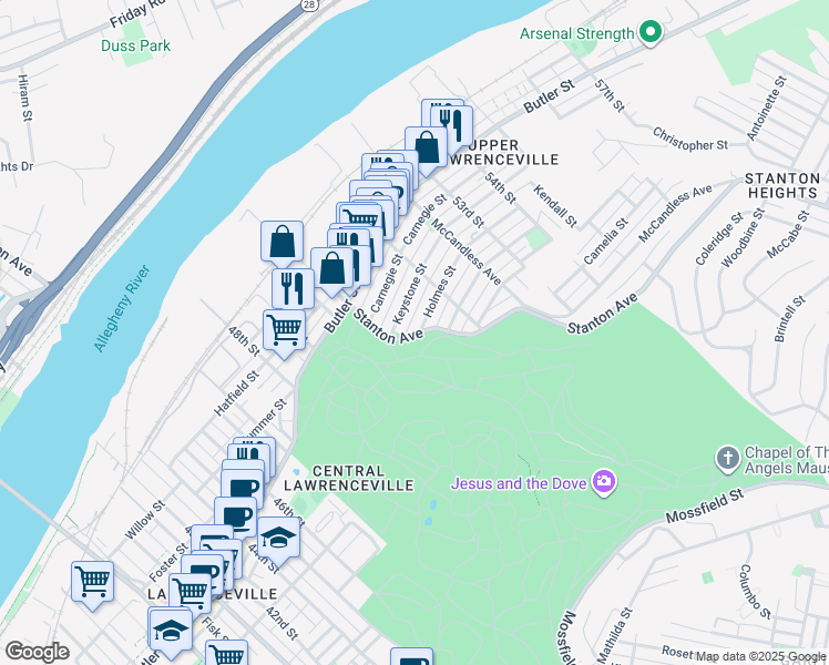 map of restaurants, bars, coffee shops, grocery stores, and more near 5101 Holmes Street in Pittsburgh