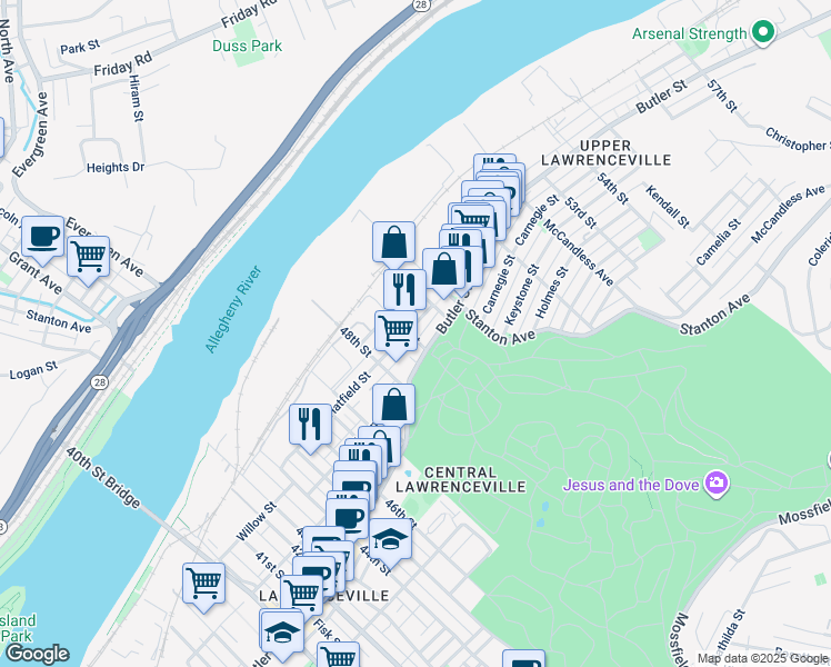 map of restaurants, bars, coffee shops, grocery stores, and more near 4900 Hatfield Street in Pittsburgh