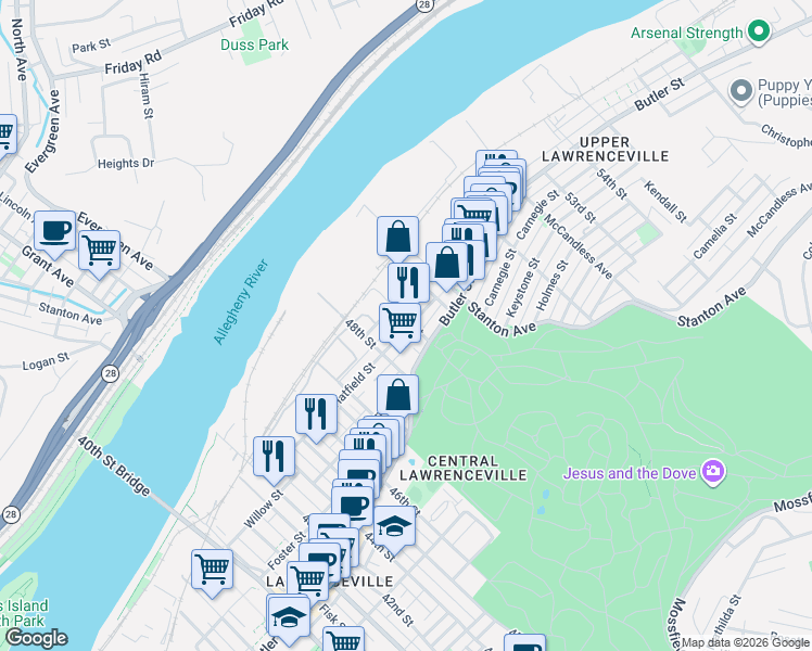 map of restaurants, bars, coffee shops, grocery stores, and more near 4900 Hatfield Street in Pittsburgh