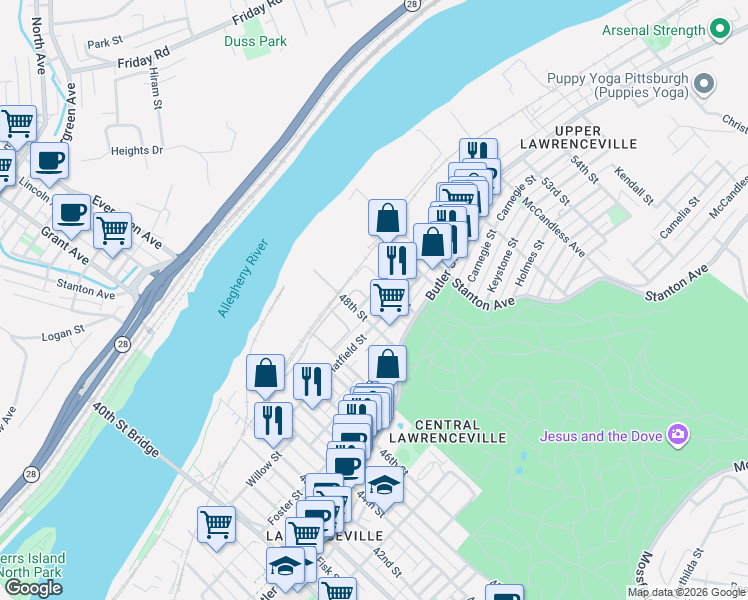 map of restaurants, bars, coffee shops, grocery stores, and more near 4818 Harrison Street in Pittsburgh