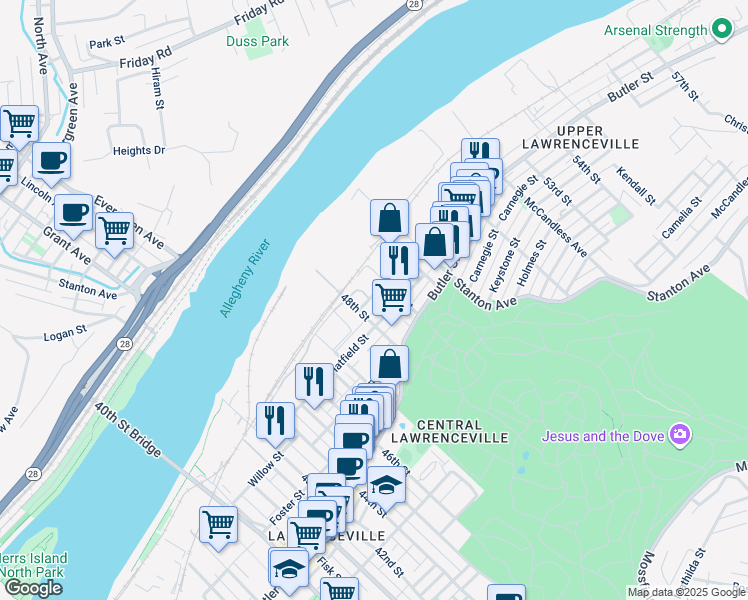 map of restaurants, bars, coffee shops, grocery stores, and more near 4818 Harrison Street in Pittsburgh