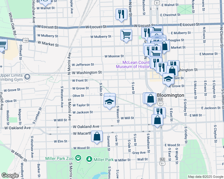 map of restaurants, bars, coffee shops, grocery stores, and more near 538 West Grove Street in Bloomington
