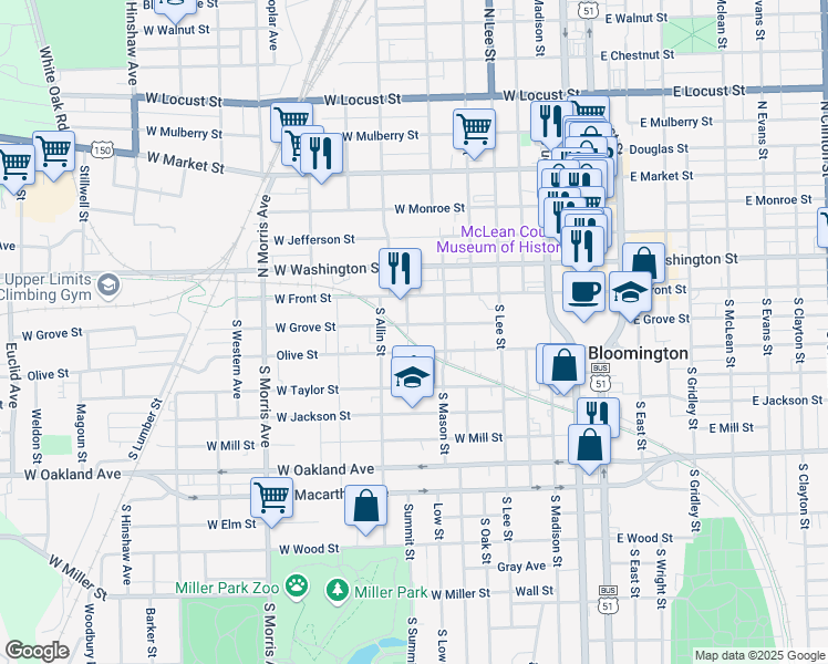 map of restaurants, bars, coffee shops, grocery stores, and more near 538 West Grove Street in Bloomington