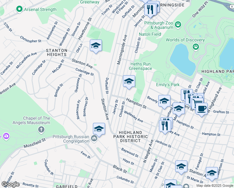 map of restaurants, bars, coffee shops, grocery stores, and more near 1101 Jancey Street in Pittsburgh