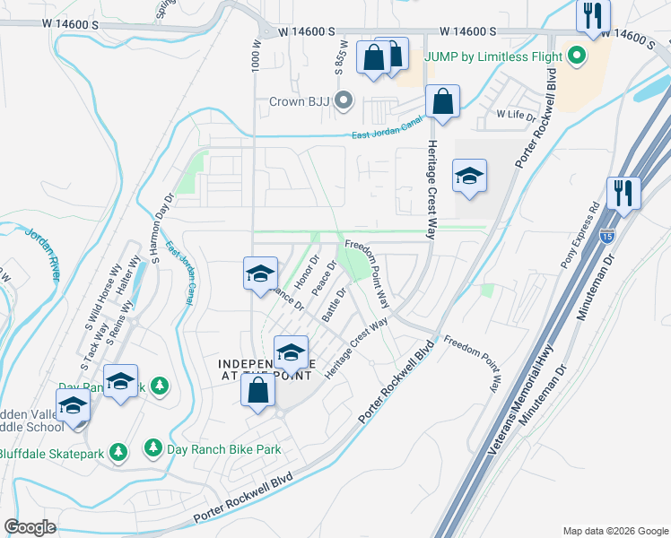 map of restaurants, bars, coffee shops, grocery stores, and more near 15073 Peace Drive in Bluffdale