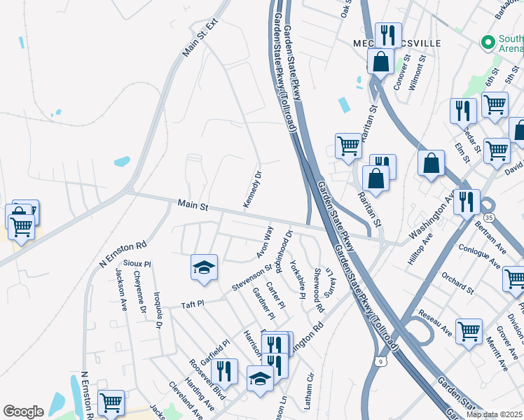 map of restaurants, bars, coffee shops, grocery stores, and more near 100 Kennedy Drive in Sayreville