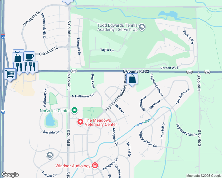map of restaurants, bars, coffee shops, grocery stores, and more near 5375 Promontory Circle in Windsor