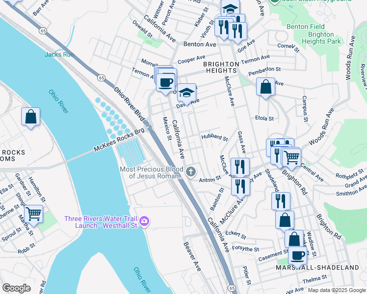 map of restaurants, bars, coffee shops, grocery stores, and more near 3442 California Avenue in Pittsburgh