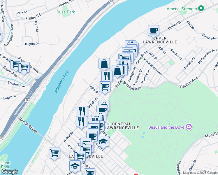 map of restaurants, bars, coffee shops, grocery stores, and more near 4900 Hatfield Street in Pittsburgh