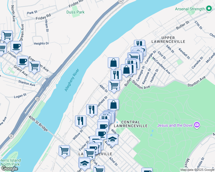 map of restaurants, bars, coffee shops, grocery stores, and more near 4818 Harrison Street in Pittsburgh