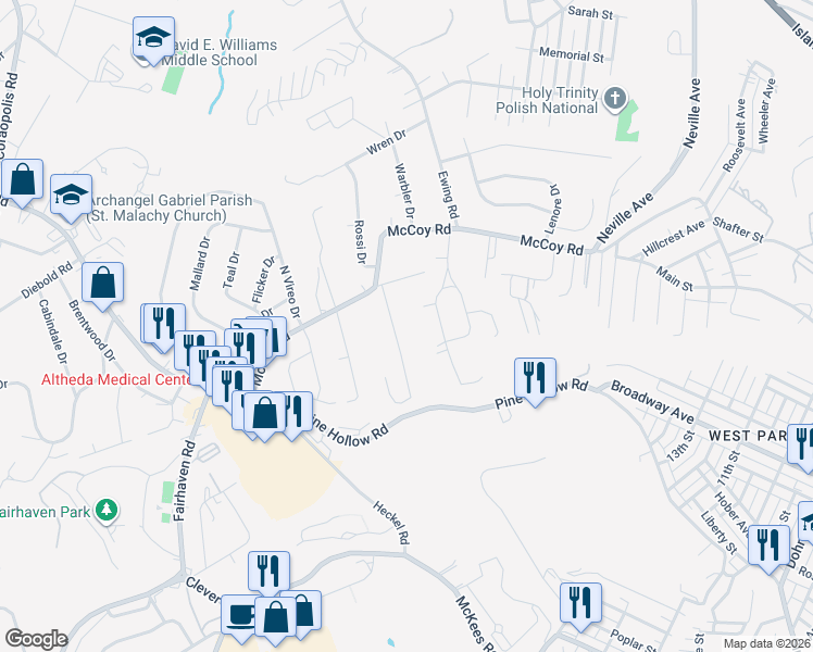 map of restaurants, bars, coffee shops, grocery stores, and more near 15 Highland Dr in McKees Rocks
