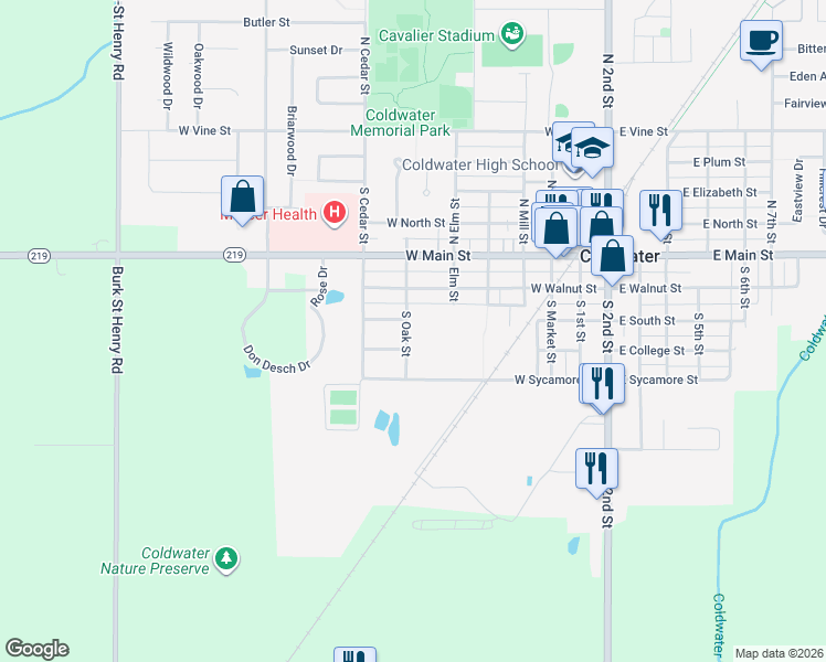 map of restaurants, bars, coffee shops, grocery stores, and more near 303 South Oak Street in Coldwater