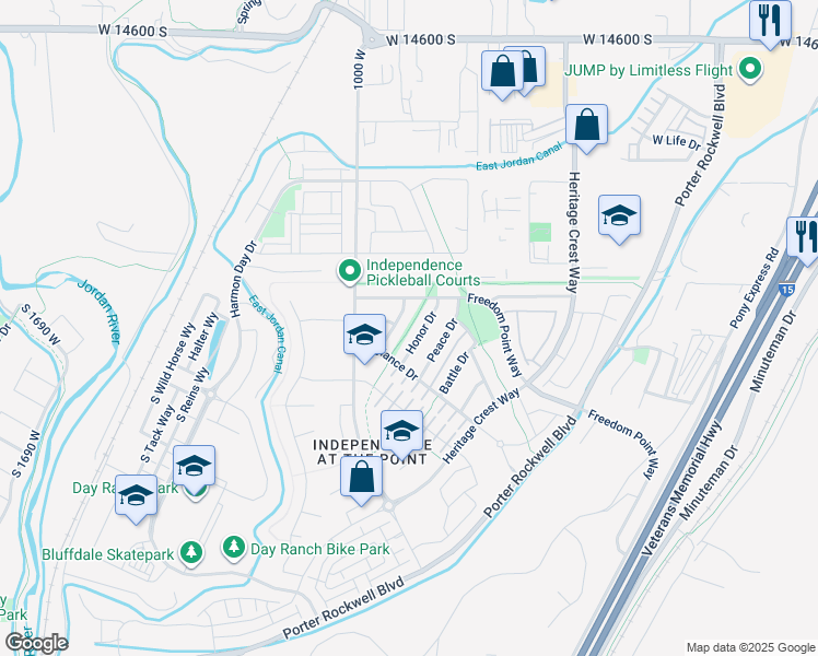 map of restaurants, bars, coffee shops, grocery stores, and more near 911 Freedom Point Way in Bluffdale