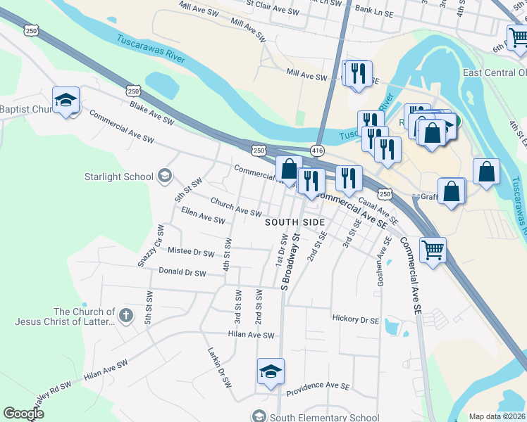 map of restaurants, bars, coffee shops, grocery stores, and more near 757 3rd Street Southwest in New Philadelphia